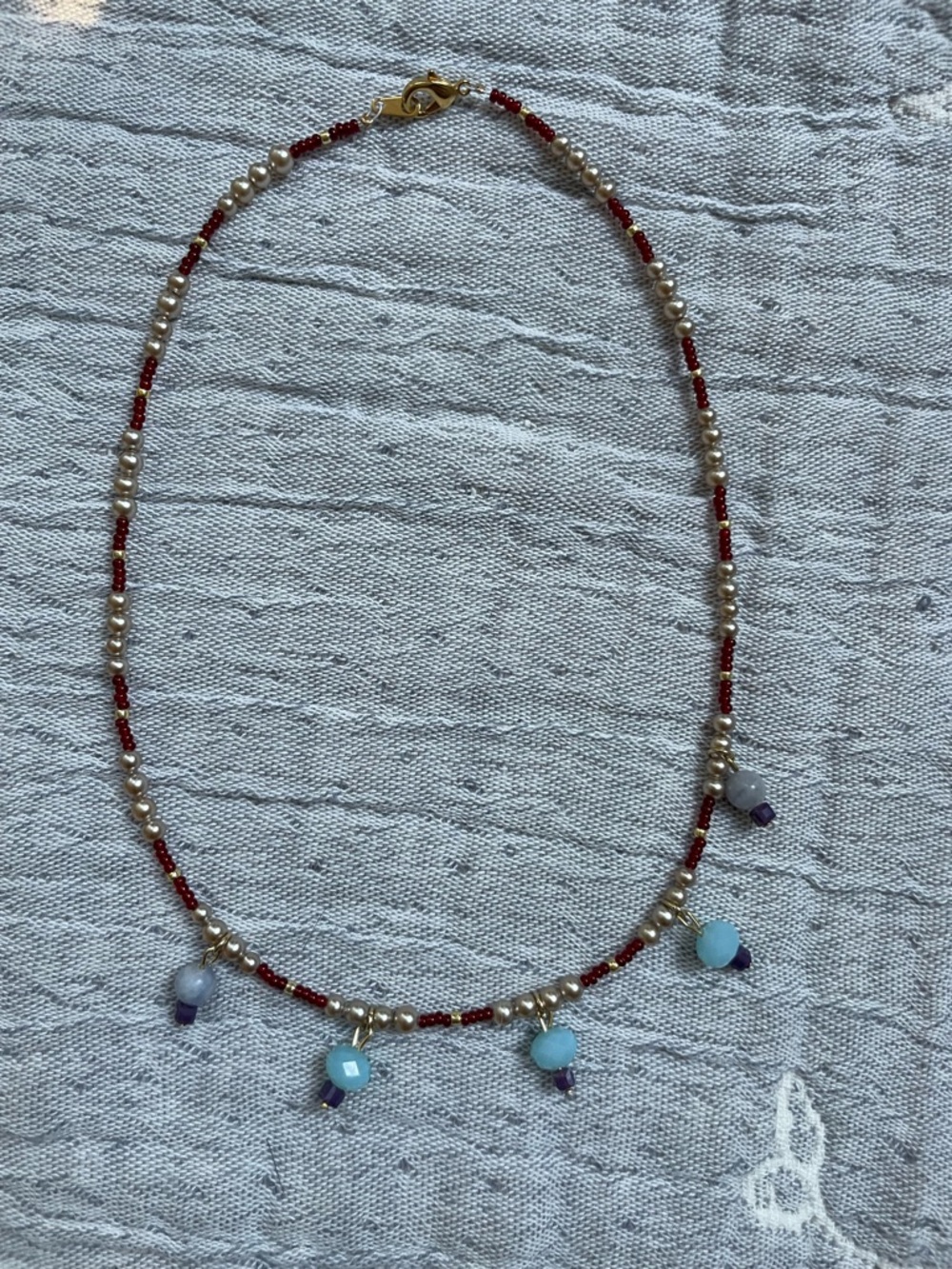 Delicate Multi-Bead Pearl and Red Seed Bead Necklace with Blue Dangles